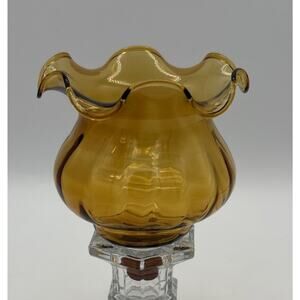 Vintage Amber Glass Short Peg Votive Candle Sconce Ruffle Rim 4.25" Mexico